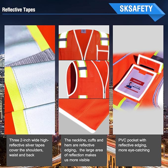SKSAFETY 10 Pockets Safety Vest, Class 2 High Visibility Security with Zipper Double-sided mesh, Hi Vis Vest with Reflective Strips, ANSI/ISEA Standard, Construction Work Vest （Orange, XL）