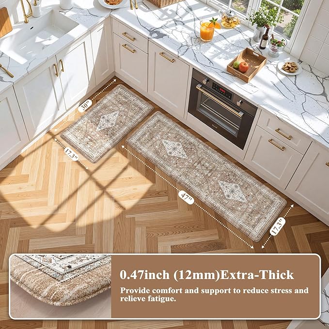 Collive Farmhouse Anti Fatigue Kitchen Mat, Cushioned Kitchen Rug Sets of 2 Waterproof Non Slip Kitchen Floor Mats Ergonomic Comfort Standing Mat for Laundry, Office, Sink, Desk, Cream/Brown