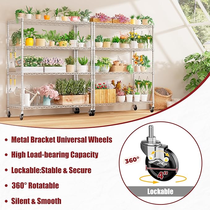 PrimeZone 4 Tier 55.5" Wx24 Dx76 H Wire Shelving with Wheels 2400lbs NSF Certified Storage Shelves Heavy Duty Metal Shelf Adjustable Rolling Rack Commercial Garage Restaurant Warehouse Kitchen Chrome