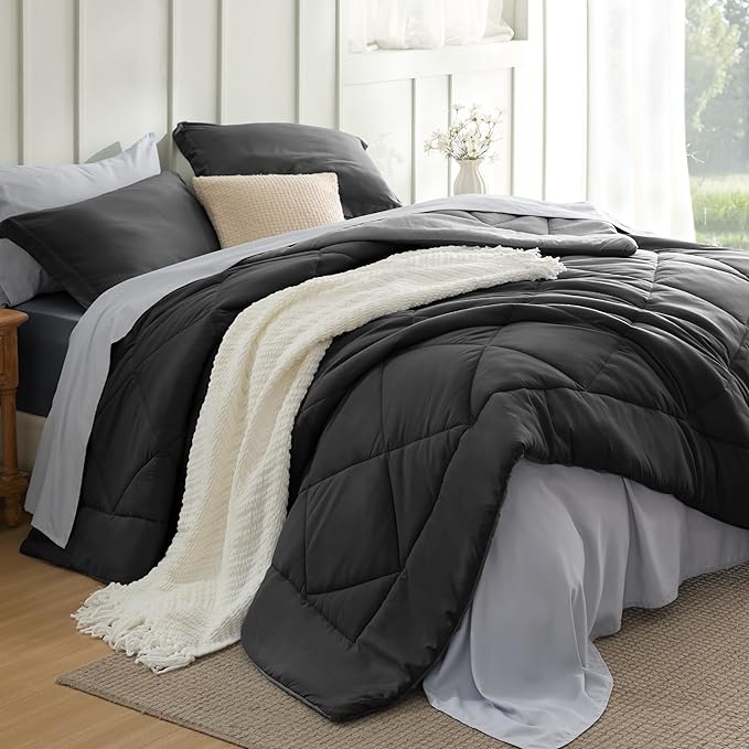 Bedsure Twin Comforter Set - 5 Pieces Reversible Charcoal Grey Bedding, Twin Size Bed Set for All Seasons, Bed in a Bag with Down Alternative Comforter, Sheets, Pillowcase & Sham