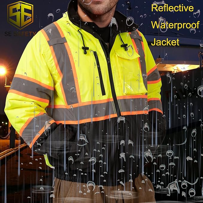 sesafety Reflective Jacket for Men, High Visibility Jackets, Safety Jackets for Men, Hi Vis Construction Bomber Jackets Waterproof with Pockets and Zipper, Black Bottom, Class 3