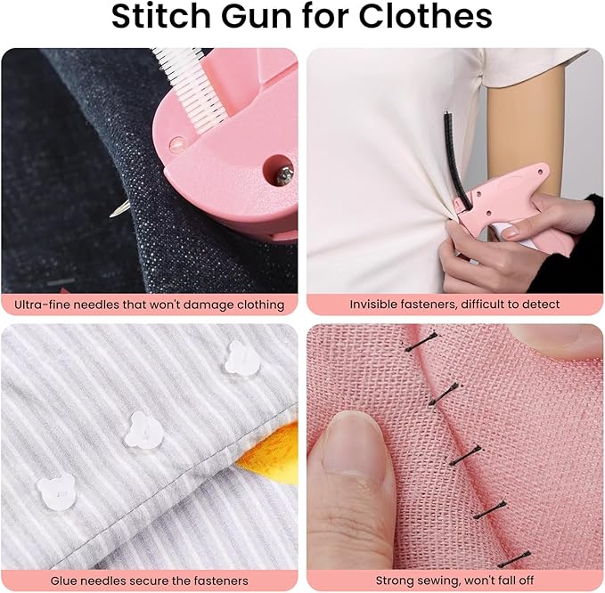 Stitch Gun for Clothes, Complete Kit with Storage Bag & Scissors, 2200 Glue Needles & 100 Glow Bear Clasps for Quick Fabric Repair on Jeans, Curtains, Nearly Invisible Mending