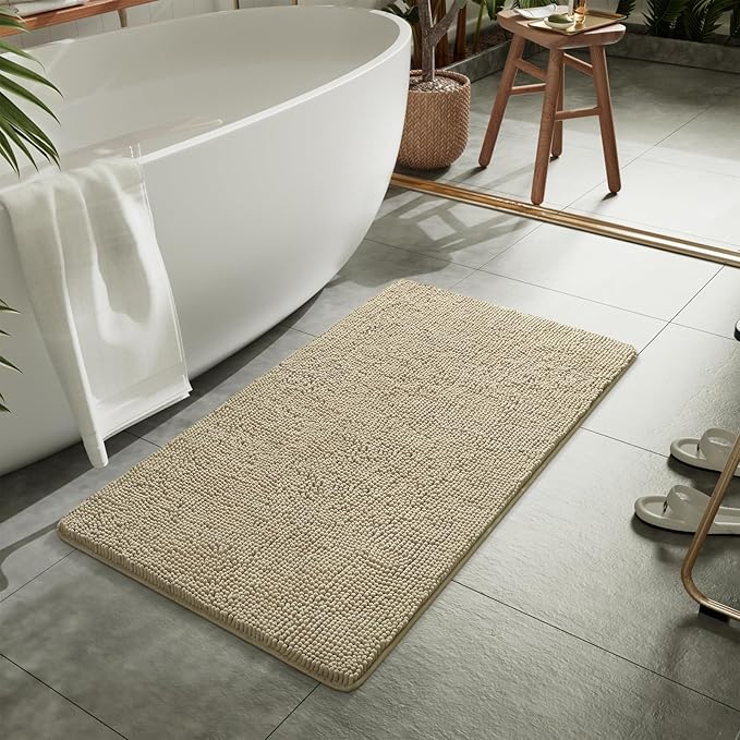 LOCHAS Luxury Bathroom Rug Shaggy Bath Mat 24 x 48 Inch, Washable Non Slip Bath Rugs for Bathroom Shower, Soft Plush Chenille Absorbent Carpets Mats, Beige