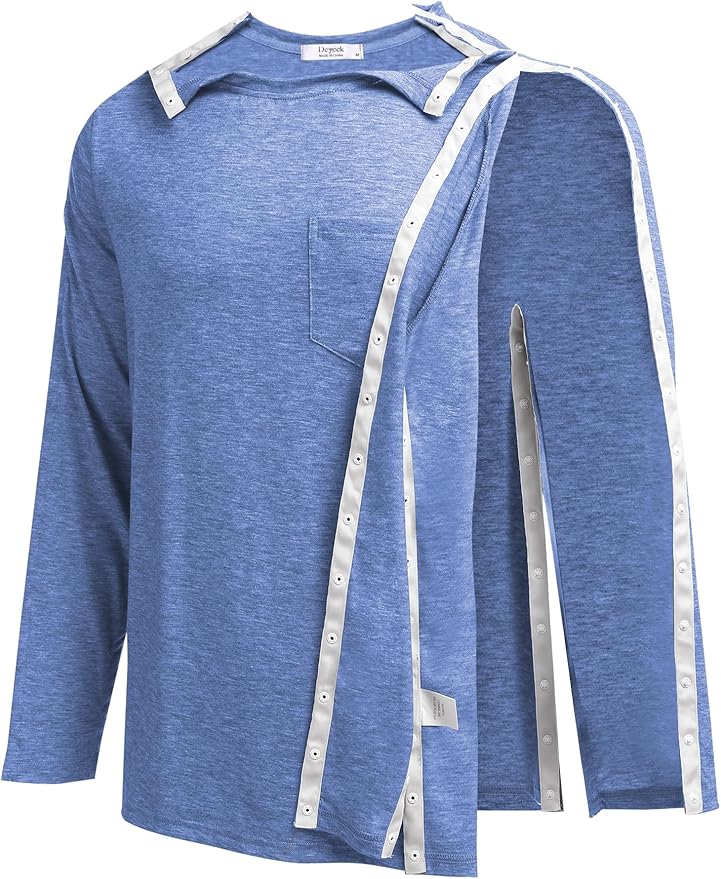 Deyeek Men's Post Shoulder Surgery Recovery Shirts Full Tear Away Long Sleeve Snap Chemo Port Access Shirt