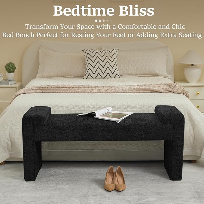 43" End of Bed Bench Upholstered Modern Bedroom Bench for Living Room & Entryway, Easy Assembly, Footrest Ottoman Accent Window Bench with Solid Wood Frame & Curved Arm, Black