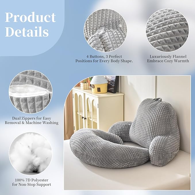 Reading Pillow for Bed,U Shaped & Back Support Pillow for Bed,17" Backrest with Lumbar & Arm Support,Comfy Flannel Fabric,Lap Pillow for Gaming/Reading/Watching TV,Gray