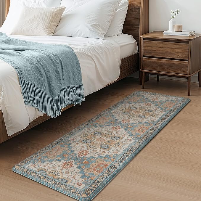 GENIMO Kitchen Mats for Floor, Washable Anti Fatigue Mat for Cushioned, 17.3"x59", Waterproof Kitchen Rugs, Non Slip Foam Comfort Standing Mat Rug for Home, Runner, Sink, Laundry, Blue&Salmon