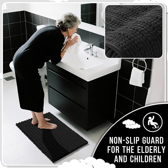 Yimobra Bathroom Rugs Sets 2 Piece - Quick Dry Extra Thick Luxury Chenille Bath Mat, Non Slip Super Absorbent for Tub Shower Sink, Machine Washable Shaggy Floor Mat, 44"x24"+24"x17" Inch, Black