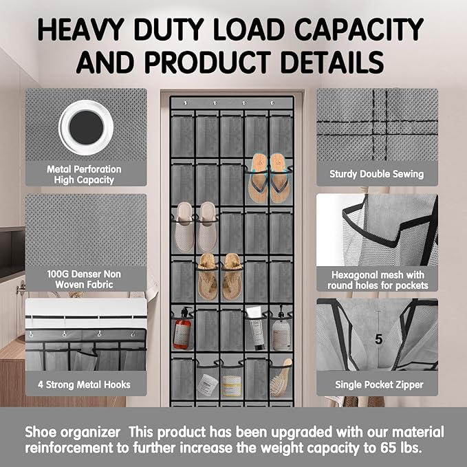 35 Compartment Over The Door Storage - Breathable Mesh Hanging Organizer with Large Pockets, Space Saving Design for Men & Women's Footwear, Closet, Bedroom (Gray)