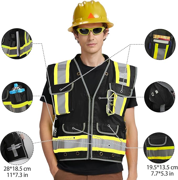 AYKRM Heavy Woven cotton High Vis Reflective work construction safety vest for men Class 2 with ipad Cargo Pockets