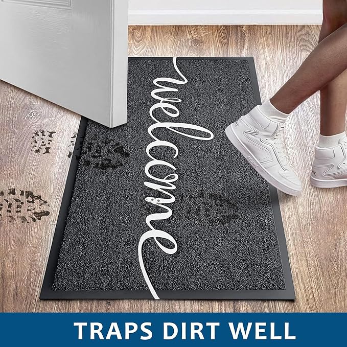 EARTHALL Door Mat 2-Pack Outside Inside Welcome Doormat 30"x17.5" Durable Floor Mat Non Slip Rug Ultra Absorb Mud Easy Clean Front Doormat for Garage, Entryway, Patio, High Traffic Areas, Black