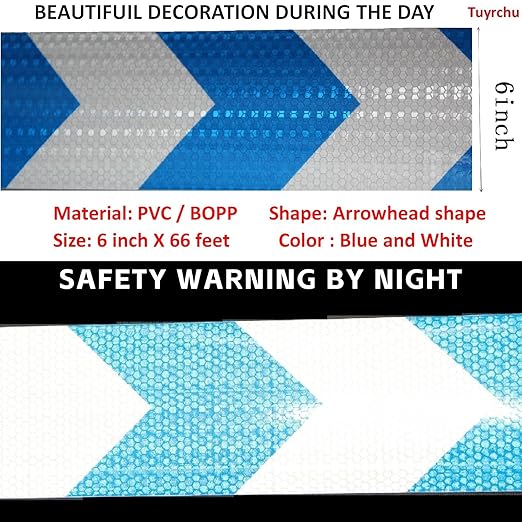 Blue and White Reflective Tape Outdoor Waterproof 6 inch X 66 feet, High Visibility Hazard Conspicuity Safety Industrial Marking Tape
