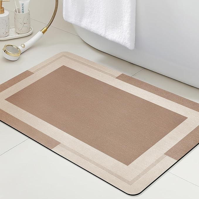 ACCUMTEK Ultra Thin Bath Mat, Upgrade Backing Non Slip Thin Bath Mats Fit Under Door, Quick Dry Ultra Absorbent Bathroom Rugs, Machine Washable Bath Rugs for Bathroom, Bathtub, Taupe/Bordered/24 x17