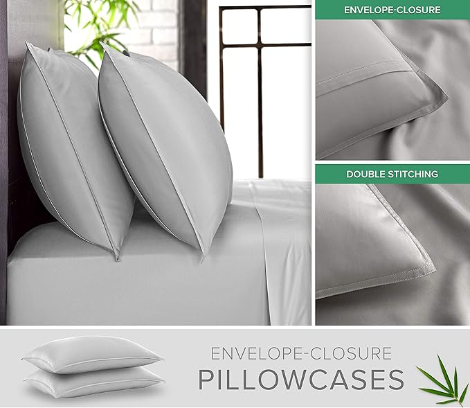 Pure Bamboo King Sheets, Genuine 100% Organic Viscose Derived from Bamboo Bed Sheet Set, Luxuriously Soft & Cooling, Double Stitching, 2 Year Quality Promise (King, Silver Pearl)