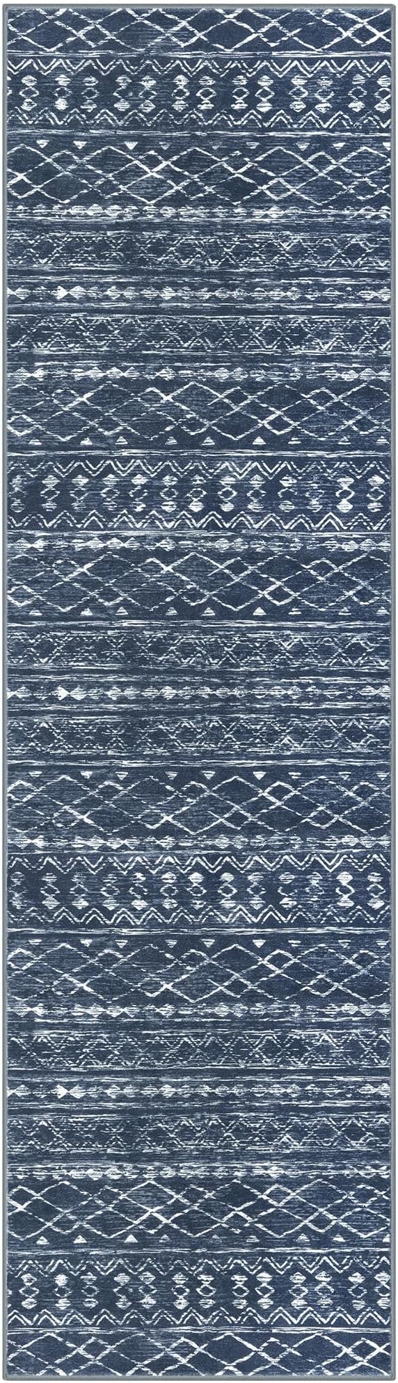 KUTA Boho Runners for Hallways 2x8 Navy Blue Moroccan Washable Runner Rug Non-Slip Vintage Kitchen Rugs Ultra Soft Distressed Geometric Floor Carpet for Bedroom Laundry Living Room