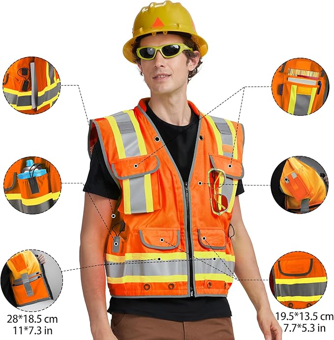 AYKRM Heavy Woven cotton High Vis Reflective work construction safety vest for men Class 2 with ipad Cargo Pockets