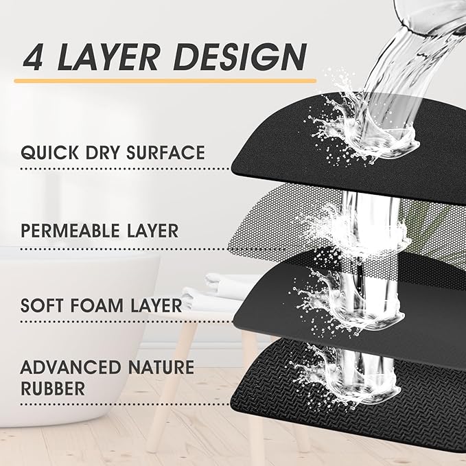 Ultra Thin Bath Mat, Upgrade Backing Non Slip Thin Bath Mats Fit Under Door, Quick Dry Ultra Absorbent Bathroom Rugs, Machine Washable Bath Rugs for Bathroom, Bathtub & Kitchen, Black/Solid/32"x20"