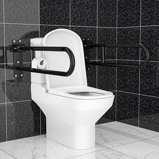 Toilet Grab Bar 30.3 Inch Black, Munzong Anti-Slip Handicap Grab Bars with Paper Holder, Flip-Up Bathroom Safety Rails, Stainless Steel Knurled Support handrails for Seniors Elderly Disabled Pregnant