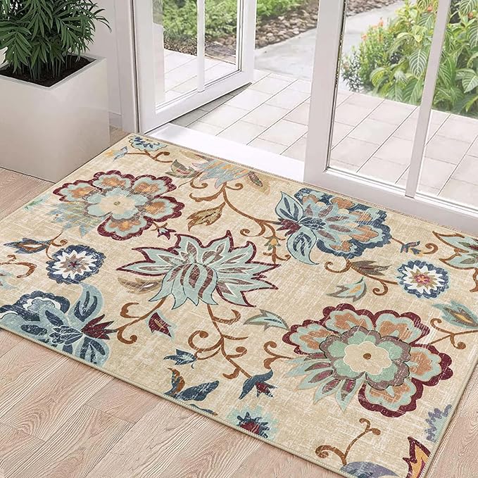 Beeiva Floral Washable 3x5 Area Rugs, Paisley Non Slip Rugs for Bedroom, Throw Ultra Thin Beige Carpet Entryway Carpets with Rubber Backing for Bathroom Kitchen Office