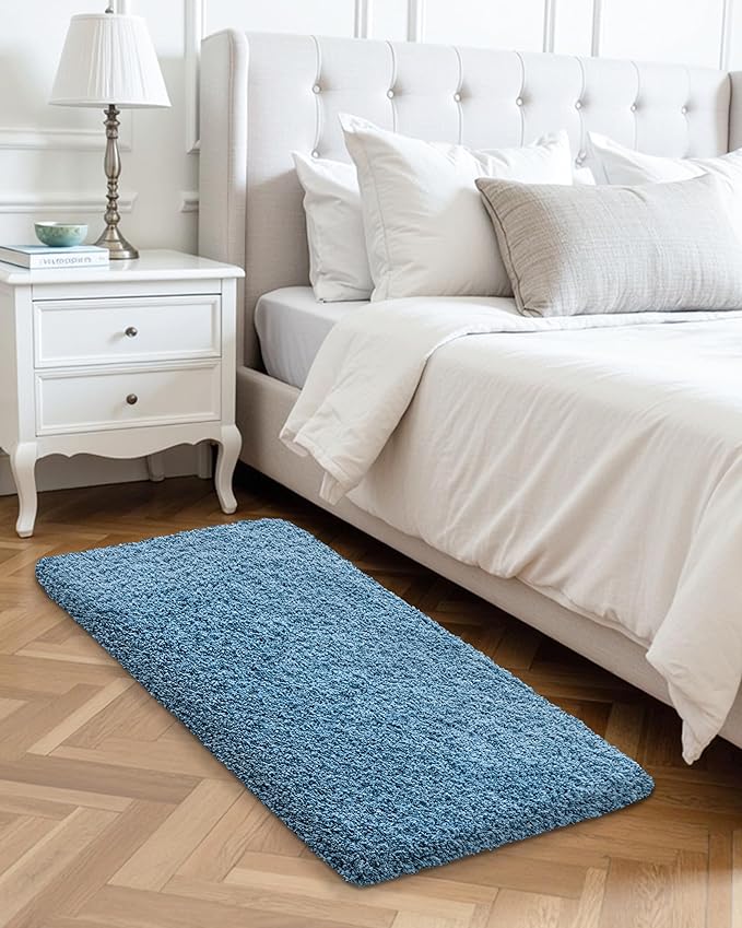 ILANGO Blue Bathroom Rugs 60" × 24" Non Slip & Super Absorbent Extra Thick Soft, Washable Bath Carpet Runner for Floor, Microfiber Plush Shaggy Bath Mats with Rubber for Bedroom Bathtub Shower Room