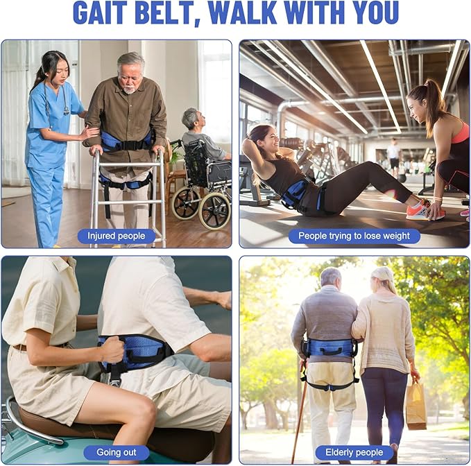 Rhino Valley Gait Belt with Leg Straps, Transfer Belts with 7 Handles, Gate Belts Medical for Elderly, Lifting Belt for Bariatric, Handicap, Physical Therapy Equipment, Blue & Black