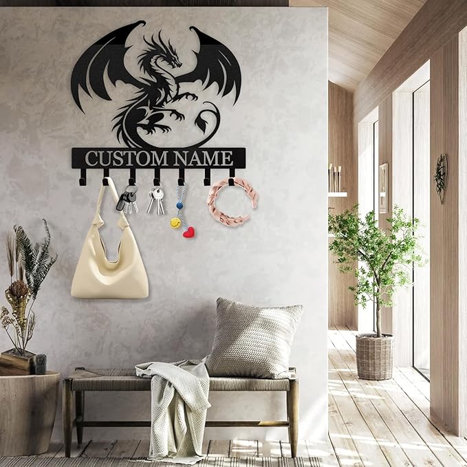 Custom Dragon Design Metal Wall Key Holder, Adhesive Key Rack Hook Organizer for Living Room Bedroom
