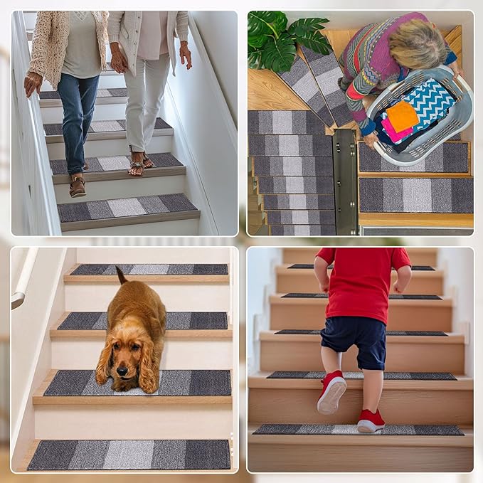 OLANLY Stair Treads Non Slip 4PCS, 8" x 30" Indoor Stair Runners for Wooden Steps, Edging Stair Rugs with Reusable Peel and Stick Adhesive for Kids Elders and Pets, Grey