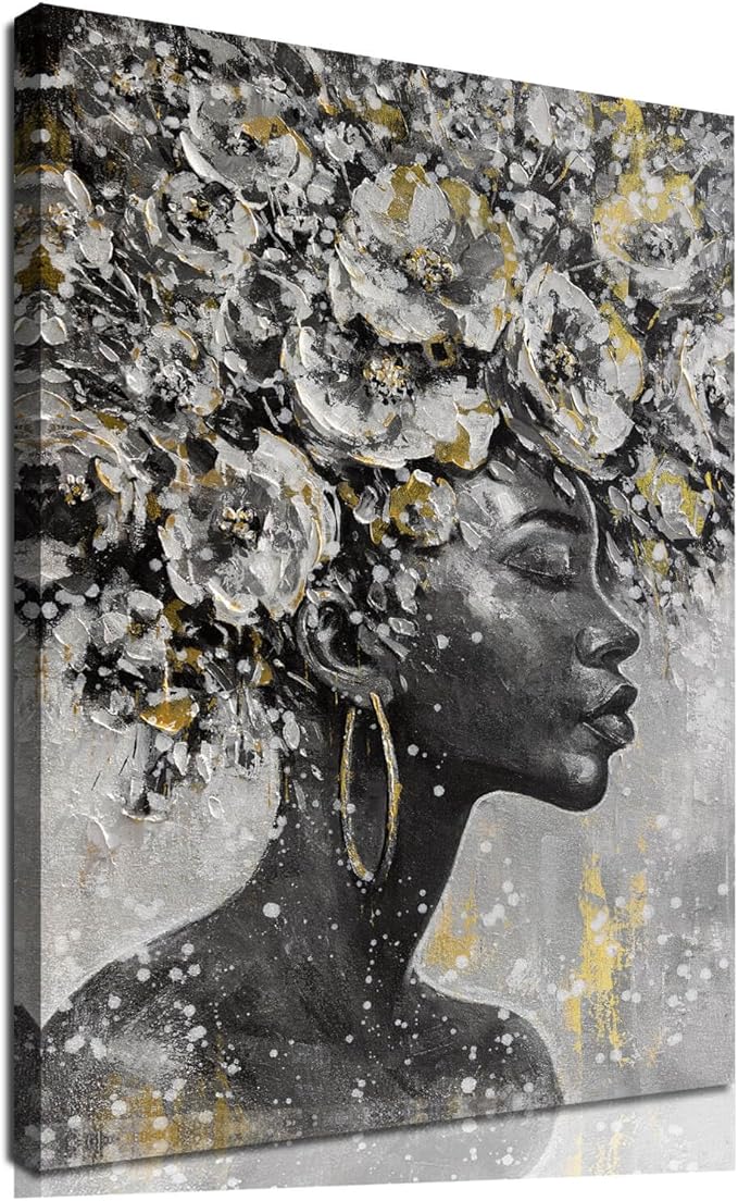 MLART99 Large Gold Flowers Painting for Office African American Black Woman Portraits for Bedroom 32"x 48" Posters for Room Aesthetic Grey Wall Hanging Decor for Living Room