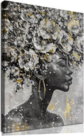 MLART99 African American Posters Black Woman Wall Art Gold and White Floral Canvas Artwork for Living Room Modern Photo Prints for Home 24x36 Inch Bedroom Pictures Wall Decor