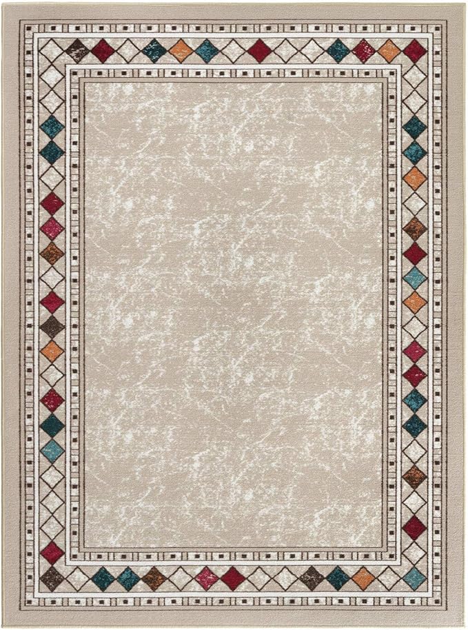 Antep Rugs Alfombras Modern Bordered 3x5 Non-Skid (Non-Slip) Low Profile Pile Rubber Backing Indoor Area Rugs (Beige, 3' x 5')