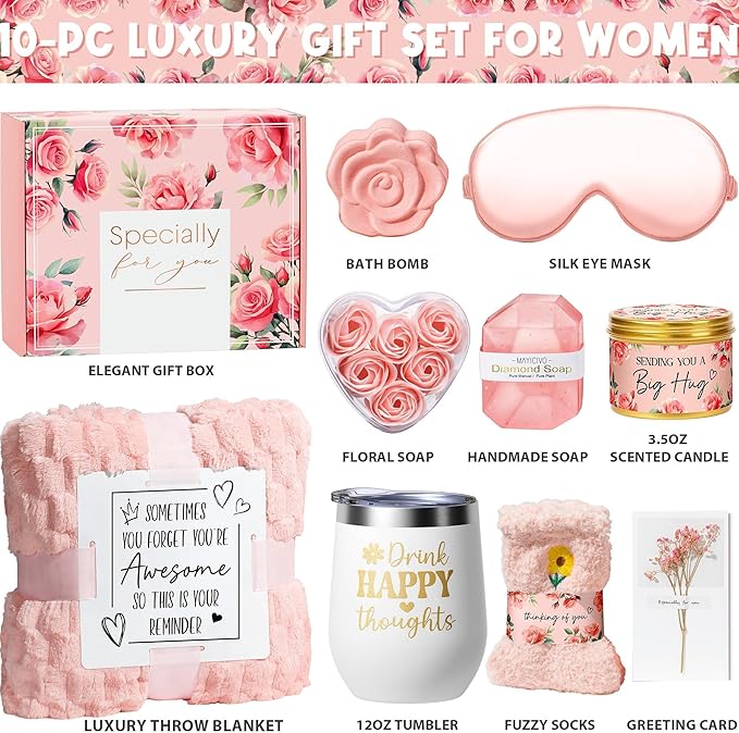 Birthday Gifts for Women Self Care Gift, Rose Spa Gift Baskets Bath Set Get Well Soon Care Package Valentines Day Gifts for Her Mom Women Sister Friend Wife Grandma Teacher Nurse w/ Blanket