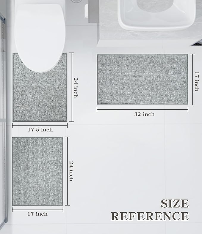 chakme Bathroom Rug Set 3 Piece, Ultra Thin Bath Mat Quick Dry, Absorbent, Non Slip, Machine Washable, Light Grey, 17" x 24" / 17" x 30" / 17" x 59"