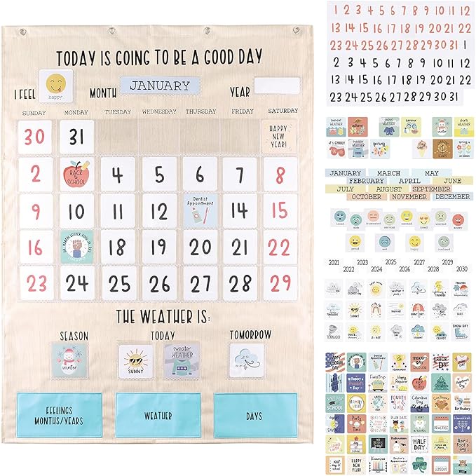 The Peanutshell Learning Calendar Wall Chart - Homeschool Supplies, Interactive Pocket Chart for Toddlers & Kids - Preschool Learning Activity Board, Circle Time Board for Classroom - Good Day