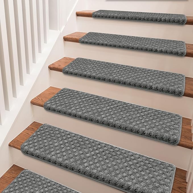 PURE ERA Bullnose Carpet Stair Treads Set Tape Free Non-Slip Indoor Stair Protectors Pet Friendly Rugs9.5" x 30"(7 Pieces,Grey Mini-Diamond Trellis)