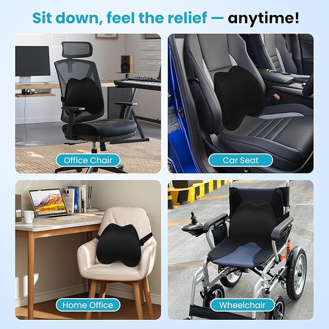 Lumbar Support Pillow Office Chair Car Back Pillow, Ergonomic Lower Back Pain Relief Breathable Air Fiber Cushion for Long Sitting Worker Driver & Handicapped, Adjustable Strap (Black)
