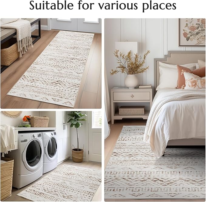 jinchan Boho Runner Rug 2x5 - Moroccan Machine Washable Non-Slip Bohemian Diamond Low-Pile Soft Runner Rug for Entryway Hallway Kitchen Bedroom Laundry Room (2‘x5', Mocha)