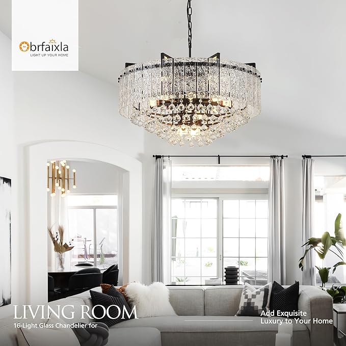 29.2" 16-Light Modern Glass Chandelier Light Fixtures Large Black 4-Tier Crystal Beads Chandeliers for Dining Room Round Hanging Ceiling Pendant Lighting for Bedroom Entryway Foyer Stairway