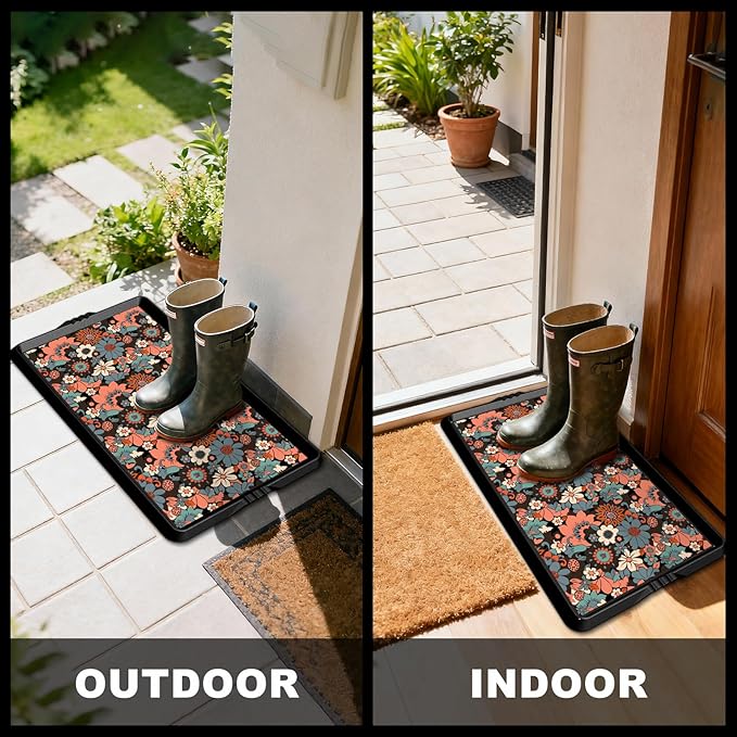 BEHERO Boot Tray Shoe Mat Decorative Patterned, Rubber Shoe Matt Tray Indoor/Outdoor Use, 16" x27.5" Shoe Cleaning Mat Non-Slip, Shoe Storage Waterproof Flower Prints for Entryway, Sunlit Blossom