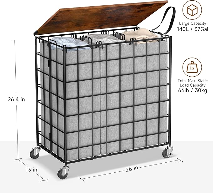 Laundry Basket with Wheels, Heavy Duty Laundry Sorter 3 Sections, 140L Large Capacity Laundry Hamper with Wood Lid, 360 Rolling Wheels, Extra Side Pocket, Leather Pull Handle (Grey)