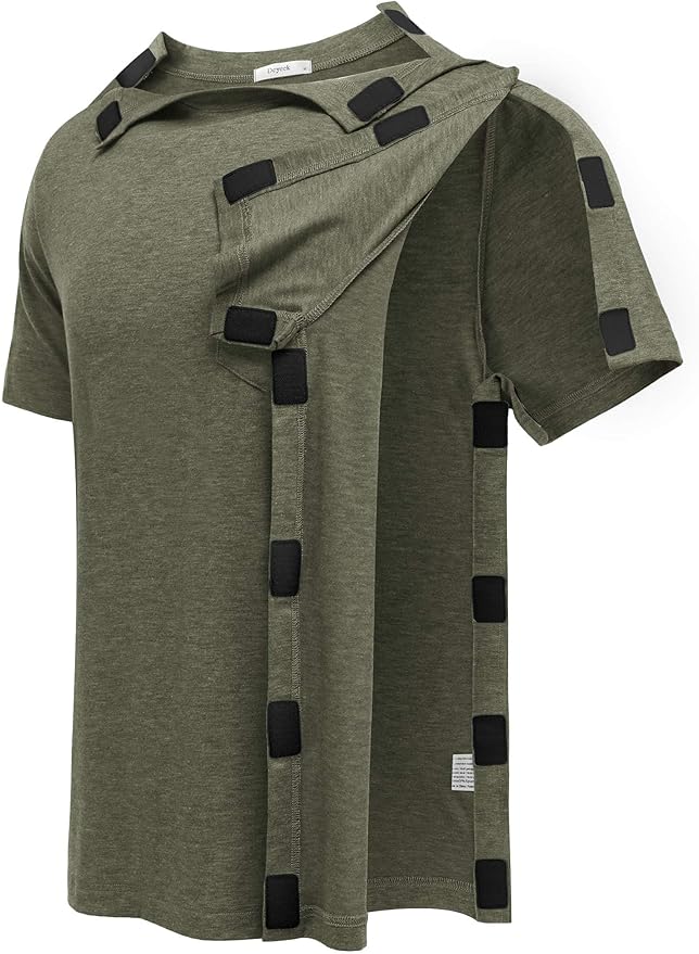 Deyeek Shoulder Post Surgery Recovery Shirts for Men Full Tear Away Short Sleeve T Shirt Adaptive Chemo Clothing