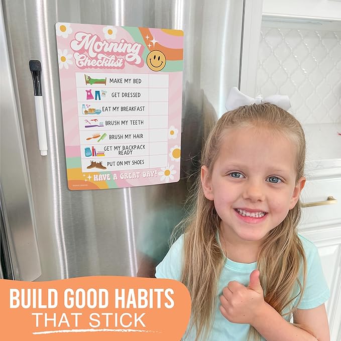 Magnetic Morning & Bedtime Routine Chart for Kids - Customizable Toddler Daily Schedule Board with Dry Erase Surface, Stickers & Marker, Build Habits with Visual Checklists, Retro Theme