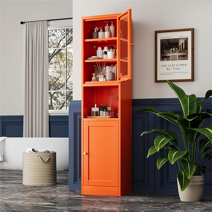 2-Door Metal Storage Cabinet, Tall Slim Pantry Organizer with 3 Adjustable Shelves (120LBS/Shelf), Anti-Tipping Waterproof Cabinet for Bathroom/Kitchen/Home Office/Small Spaces,(1PC,Orange)