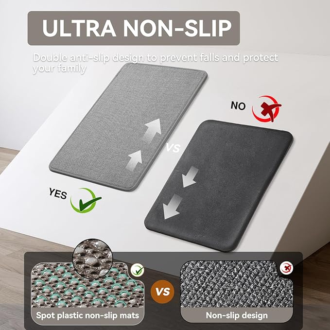 Long Kitchen Runner Rugs Sets of 2 PCS Non Slip Washable, Linen-Like 0.3" Thick Cushioned Absorbent Kitchen Mats for Floor, Mild Anti-Fatigue Sink Laundry Standing Mat, Gray 17"x30"+17"x71"