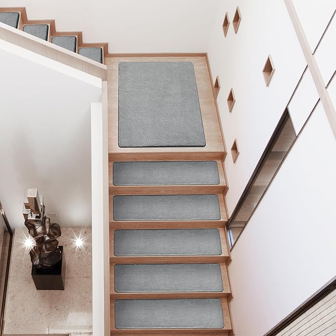 PURE ERA Carpet Stair Treads Ultra Plush 8" X 30" Soft Indoor Stair Protectors Pet-Friendly Non-Slip Skid Resistant Tape Free Washable Reusable (2 Pieces,Grey)