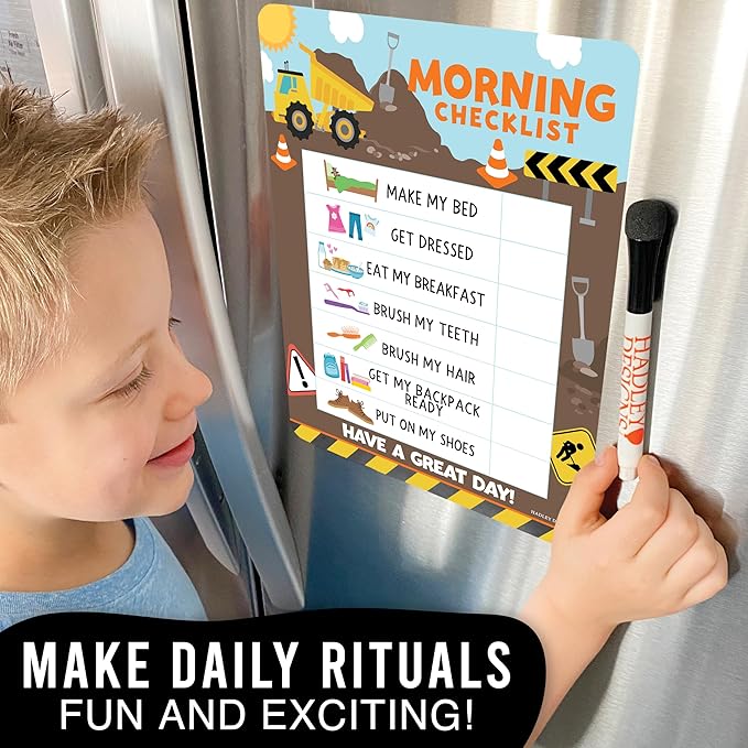 Magnetic Morning & Bedtime Routine Chart for Kids - Customizable Toddler Daily Schedule Board with Dry Erase Surface, Stickers & Marker, Build Habits with Visual Checklists, Construction Theme