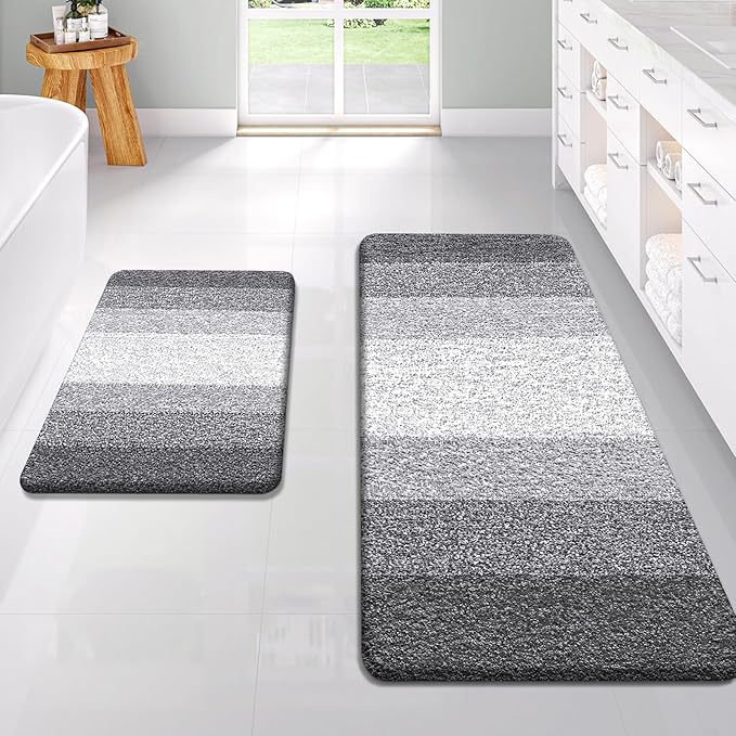 OLANLY Bathroom Rug Set 2 Piece, Soft Absorbent Microfiber Bath Rug Set, Non-Slip, Machine Wash Dry, Plush Shaggy Bath Mats for Bathroom (47"x20"+24"x16", Grey)