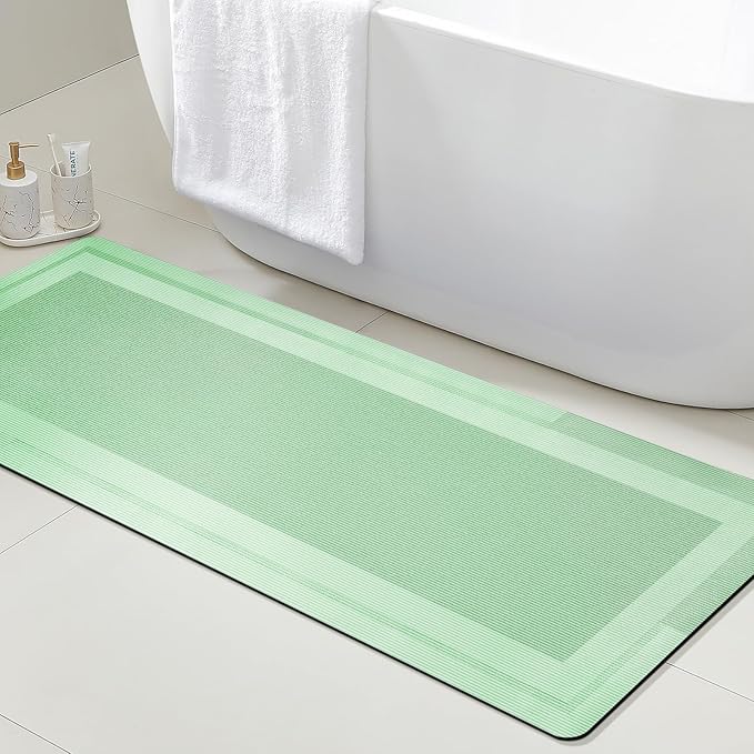 Ultra Thin Bath Mat, Upgrade Backing Non Slip Thin Bath Mats Fit Under Door, Quick Dry Ultra Absorbent Bathroom Rugs, Machine Washable Bath Rugs for Bathroom, Bathtub, Sage Green/Bordered/48"x20"