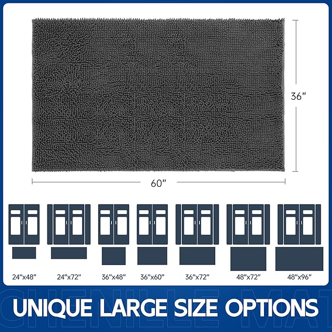Chenille Absorbent Front Door Mat 60" x 36", Dog Door Mat for Muddy Paws, Trap Dirt Doormat, Mud Mat for Dogs, Washable Non Slip Outdoor Indoor Doormats for Entryway, Grey