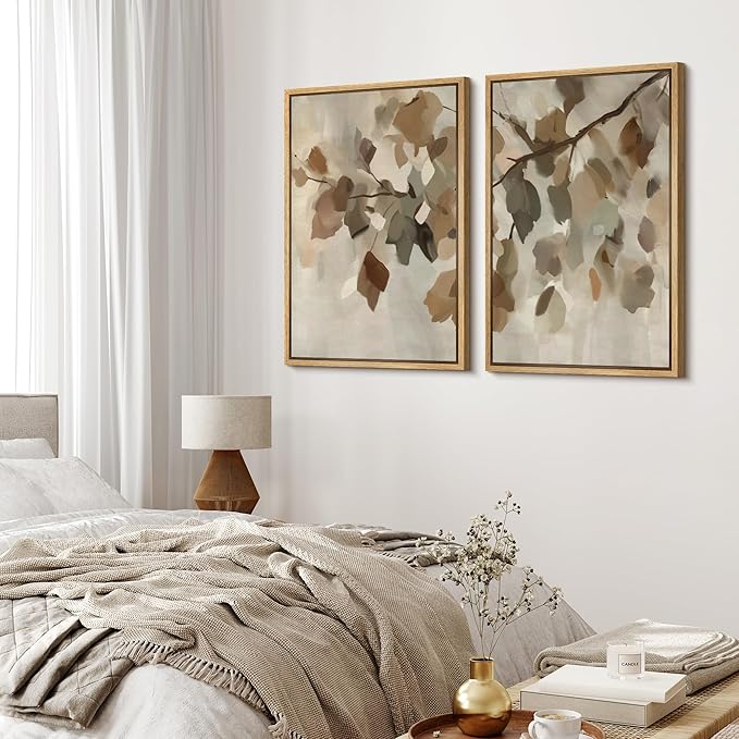 MUDECOR Framed Canvas Print Wall Art Set Abstract Leaf Branch Minimalist Nature-Inspired Beige and Brown Calm/Zen for Living Room, Bedroom, Office - 24"x36"x2 Natural