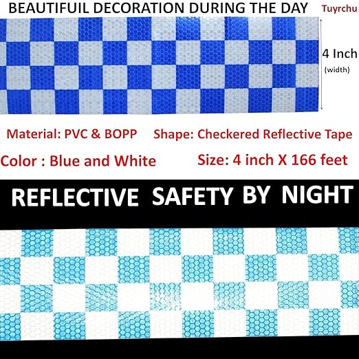 Reflective Tape Blue and White 4 inch X 166 feet, Outdoor Waterproof Hazard Conspicuity Safety Industrial Marking Tape
